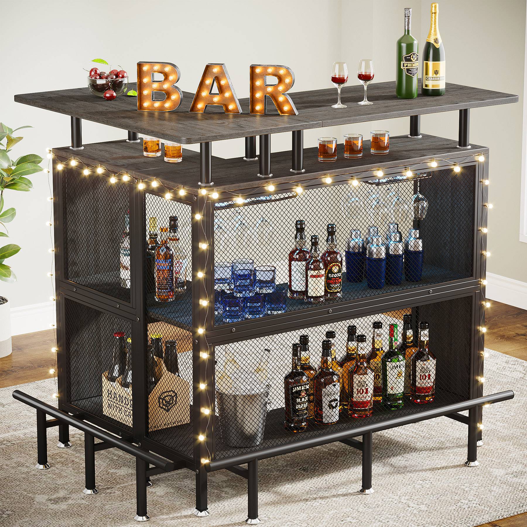 Home Bar Unit, L-Shaped Liquor Bar Table with Glasses Holders & Shelves Tribesigns